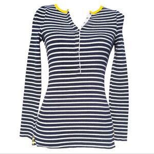 Charlotte Tarantola Women's Black/White Striped‎ Henley Neck T-Shirt Top Size XS